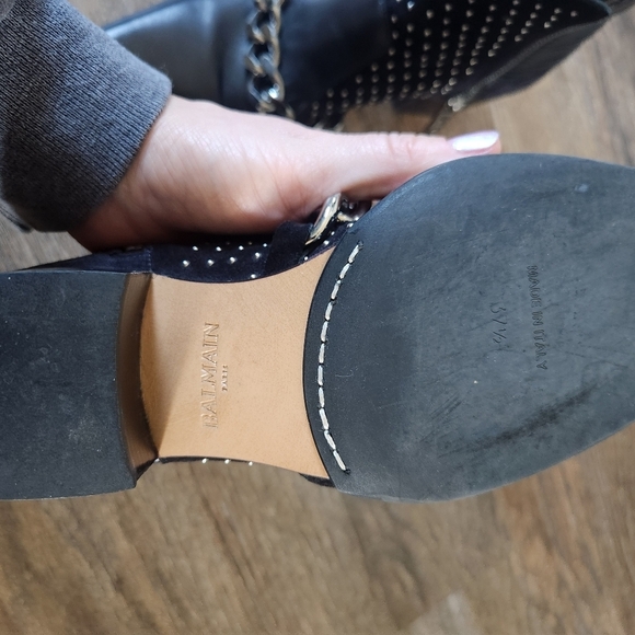 BALMAIN Paris Ella Black Suede short boot chain zippers studs italy 37.5 us 7.5 - Picture 12 of 16